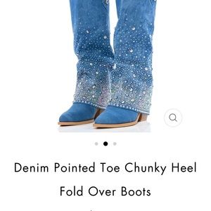 Denim pointed heels rhinestone boots